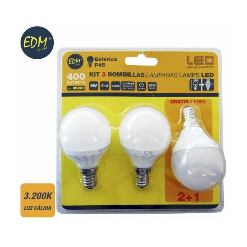 foto del prodotto edm kit di 3 lampadine led sferiche e14 5w 400lm 3200k luce calda 4,5x8cm