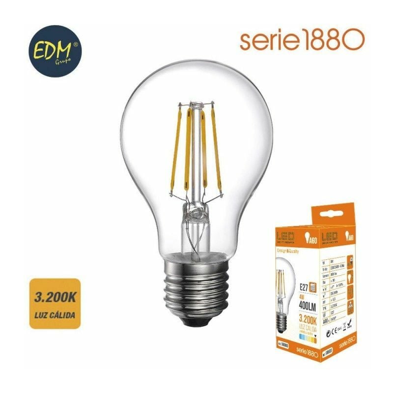 foto del prodotto edm lampada led filamento e27 4w 500lm 3200k luce calda 6x10,6cm