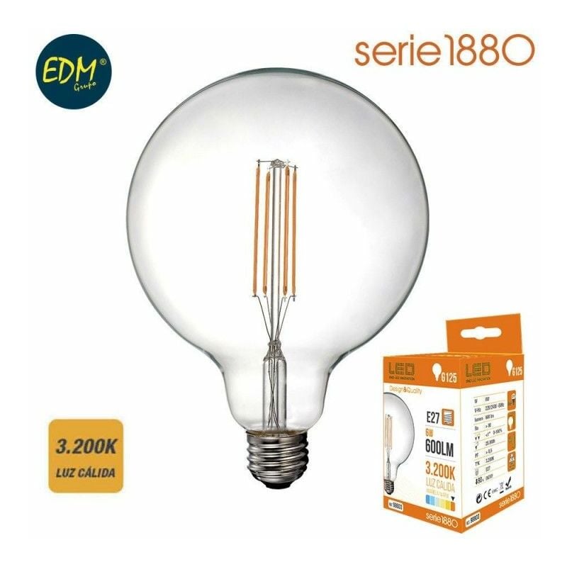 foto del prodotto edm lampadina a globo con filamento led e27 6w 800lm 3200k luce calda 12,5x17cm