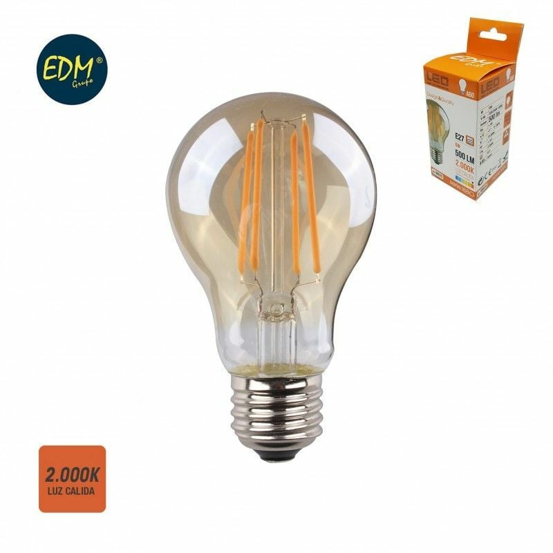 foto del prodotto edm lampadina led filamento standard vetro vintage e27 6w 560lm 2000k luce calda 6x10.6cm
