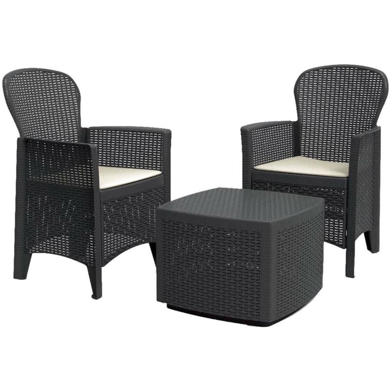 foto del prodotto edm set salotto da esterno, set da giardino con 2 poltrone ed 1 tavolino contenitore, salottino effetto rattan, 100 made in italy, antracite