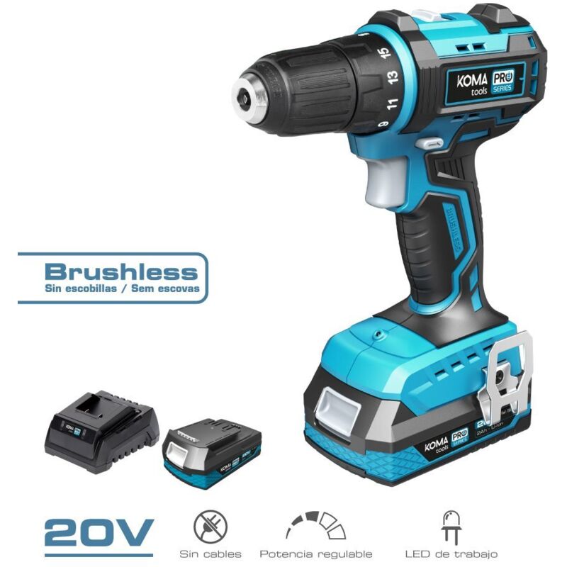 foto del prodotto edm - trapano avvitatore senza spazzole 20v koma tools - batteria 2,0ah - caricabatterie