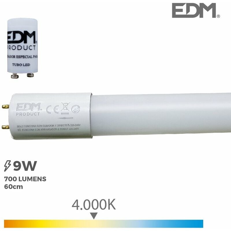 foto del prodotto edm tubo a led t8 9w 800lm 4000k daylight eq.18w 2,6x60cm