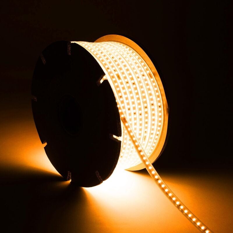 foto del prodotto efectoled bobina striscia led regolabile 220v smd2835 120led m 750 lm m larghezza 12mm 50m ip65 bianco caldo 2200k