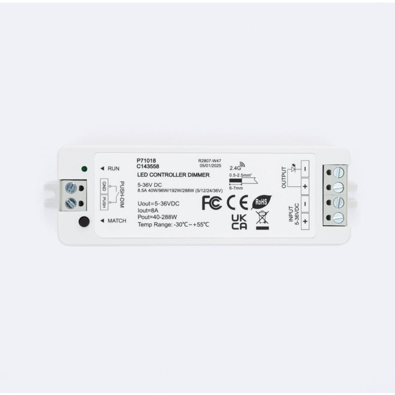 foto del prodotto efectoled controller regolatore striscia led monocolore 5 12 24 36v dc compatibile con telecomando rf e pulsante bianco