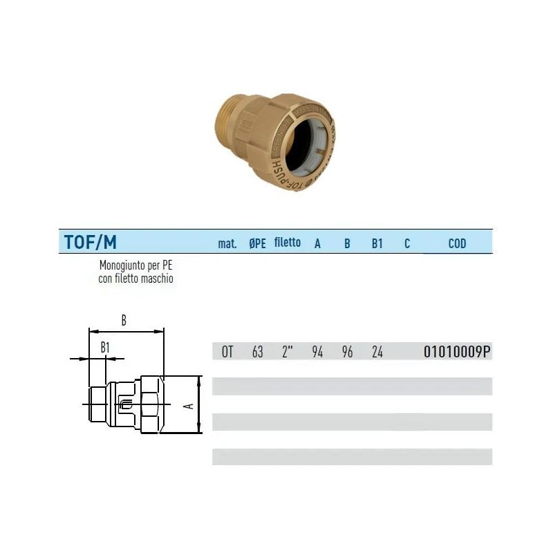 foto del prodotto effebi spa tof m push raccordo monogiunto per pe con filetto maschio con anello in plastica 63 x 2 01010009p