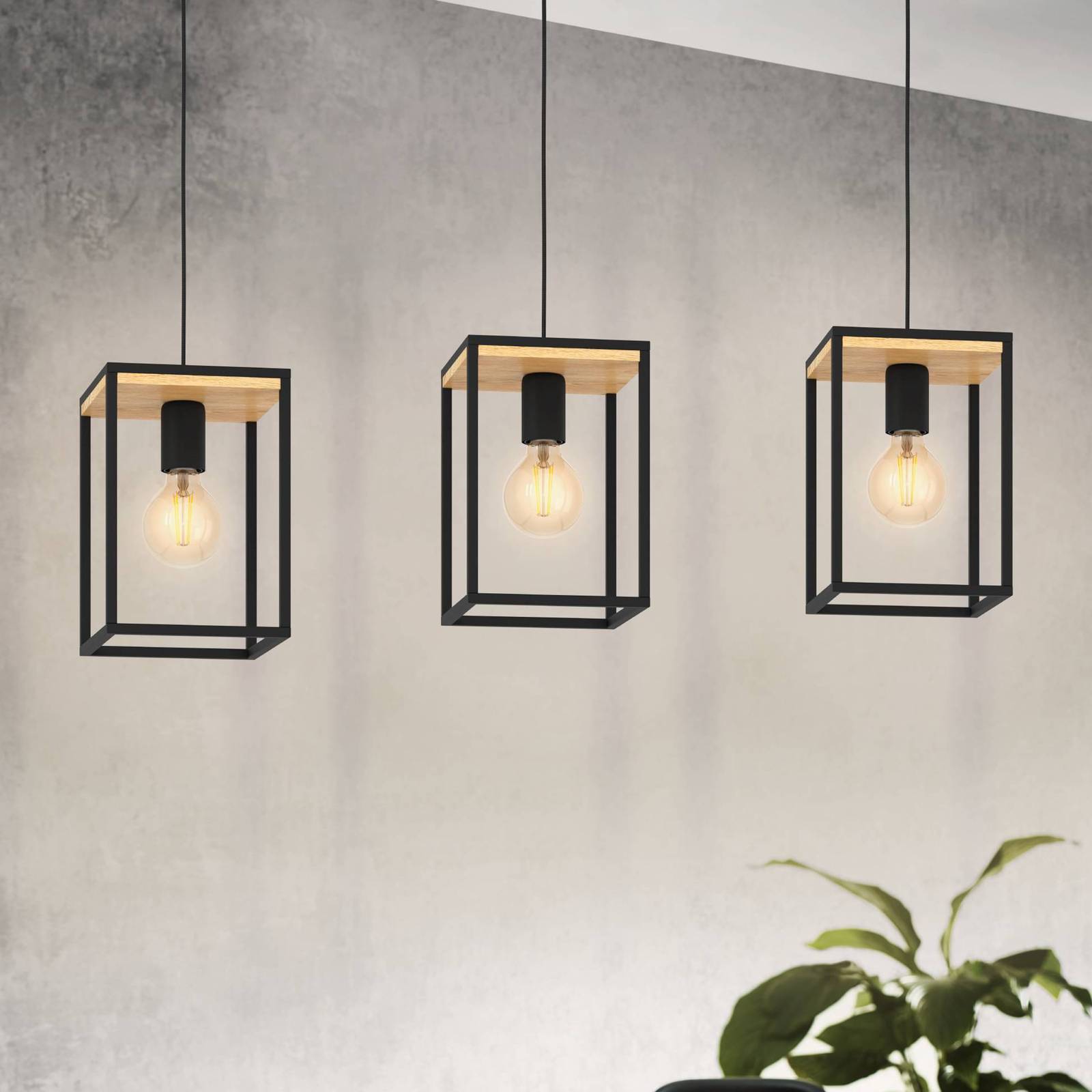 foto del prodotto eglo lampada a sospensione libertad, lunghezza 88 cm, nero legno, a 3 luci.