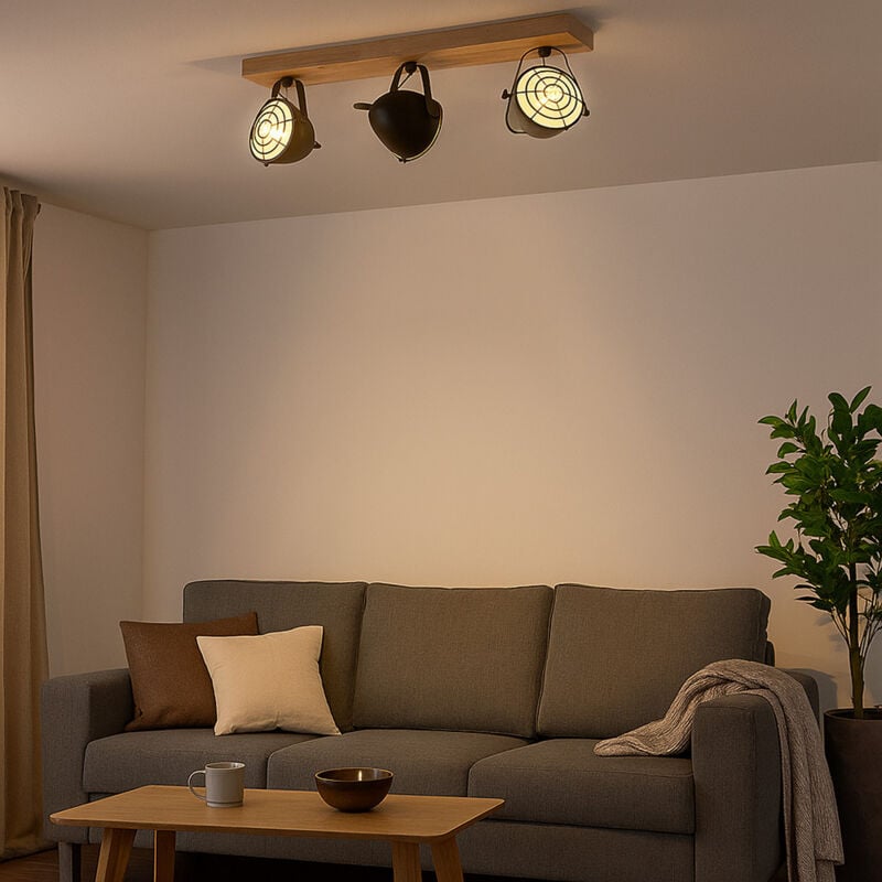 foto del prodotto eglo lampada da soffitto, nera, lampada da soggiorno, faretto da soffitto per casa di campagna, 3 fiamme, lampada in legno, barra faretto