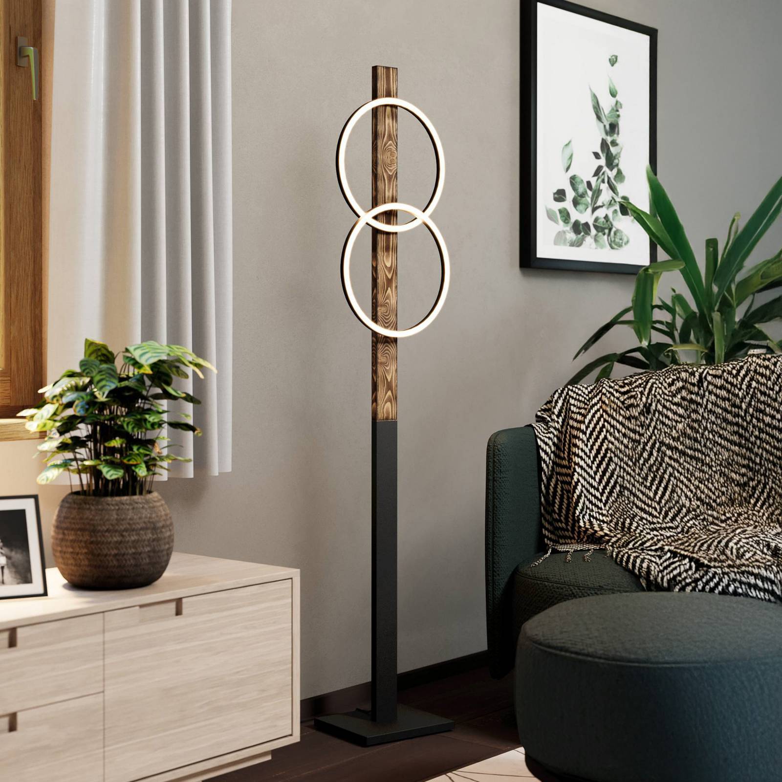 foto del prodotto eglo lampada led da pavimento boyal, marrone, altezza 150 cm, legno, a 2 luci.
