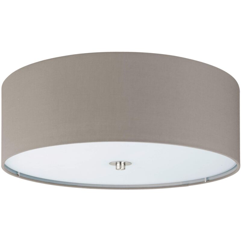 foto del prodotto eglo plafoniera pasteri, plafoniera tessile a tre punti luce, acciaio, tessuto, vetro, nichel opaco, color talpa, e27, diametro 47,5 cm