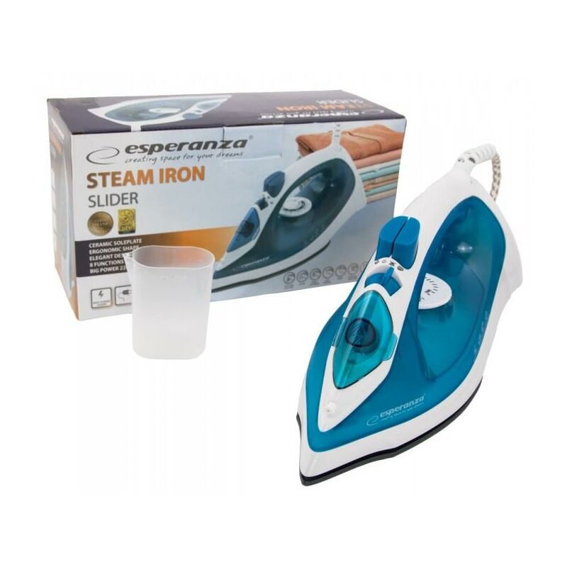 foto del prodotto ehi002 ferro a vapore con piastra in ceramica blu, bianco 2200 watt esperanza