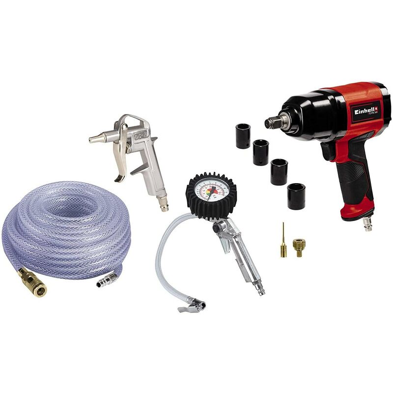foto del prodotto einhell originale set 10 accessori per compressore tubo 15 m diam. int. 9mm, pistola soffiaggio, pistola gomme con manometro, adattatori,