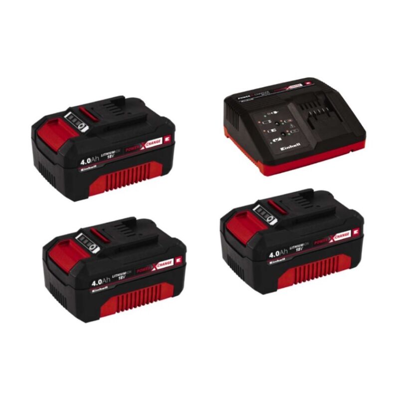 foto del prodotto einhell set 3 batterie 18v 4,0 ah e caricabatterie compatto universale per dispositivi power x change