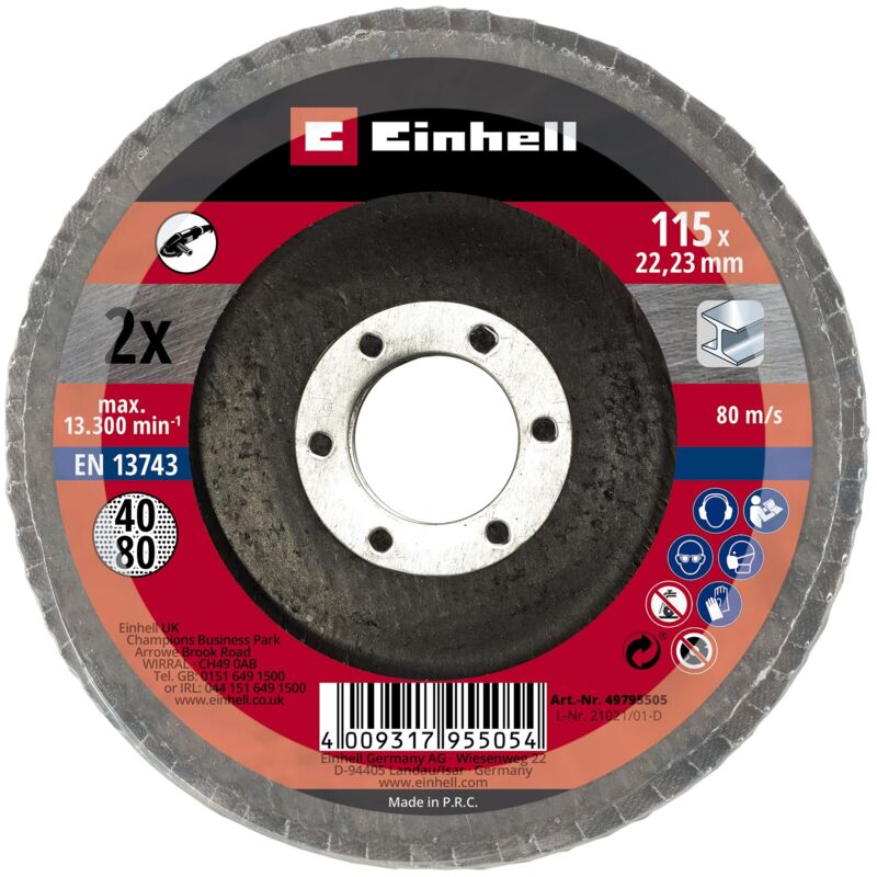 foto del prodotto einhell set di 2 dischi a ventaglio accessori per smerigliatrice angolare, grana p40 e p80, 115 x 22,23 mm, mop, dischi lamellari per metallo e