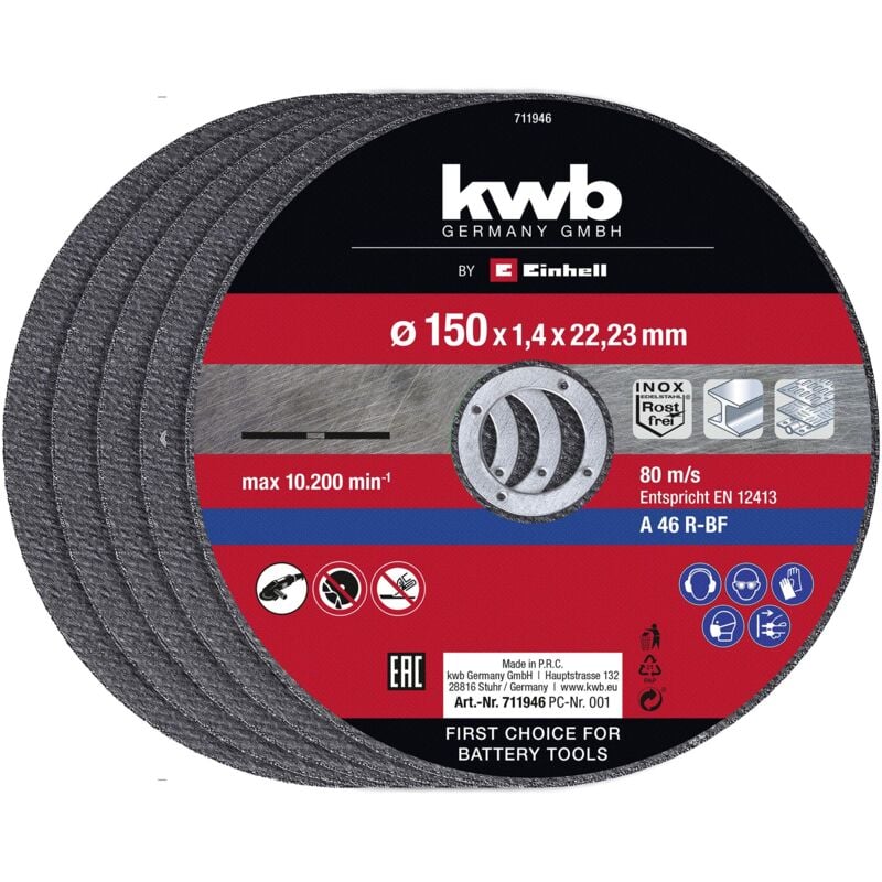 foto del prodotto einhell set di dischi da taglio sottili 150 x 1,4 mm accessori per smerigliatrice angolare, 5 pezzi, 150 x 1,4 x 22,23 mm, max. 10200 min 1,