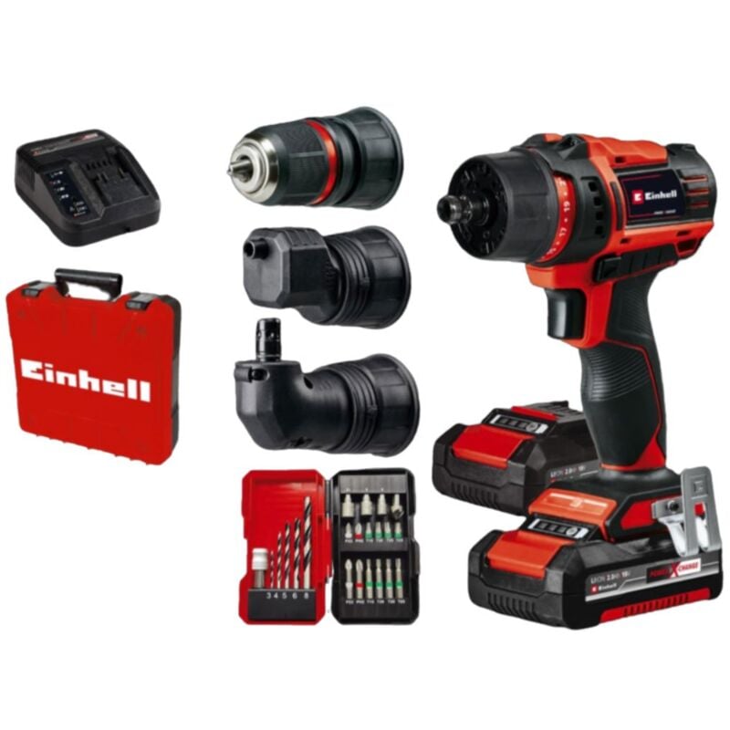 foto del prodotto einhell trapano avvitatore a batteria te cd 18 45 3x li 22 1x2,0 ah pxc mandrino estraibile, portabit angolare, portabit decentrato, set di 22