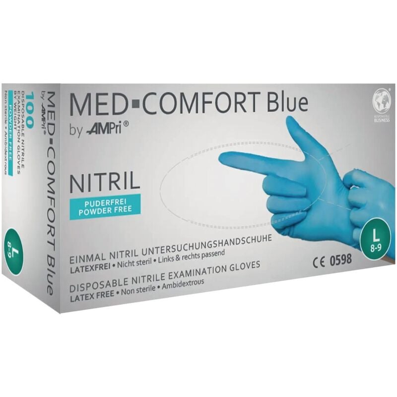 foto del prodotto einw handsch.med comfort blue taglia l blu nitrile 100 pezzi scatola