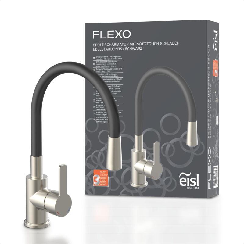 foto del prodotto eisl ni186flnib rubinetto da cucina flexo, miscelatore da cucina con canna flessibile, miscelatore per cucina, acciaio inox nero