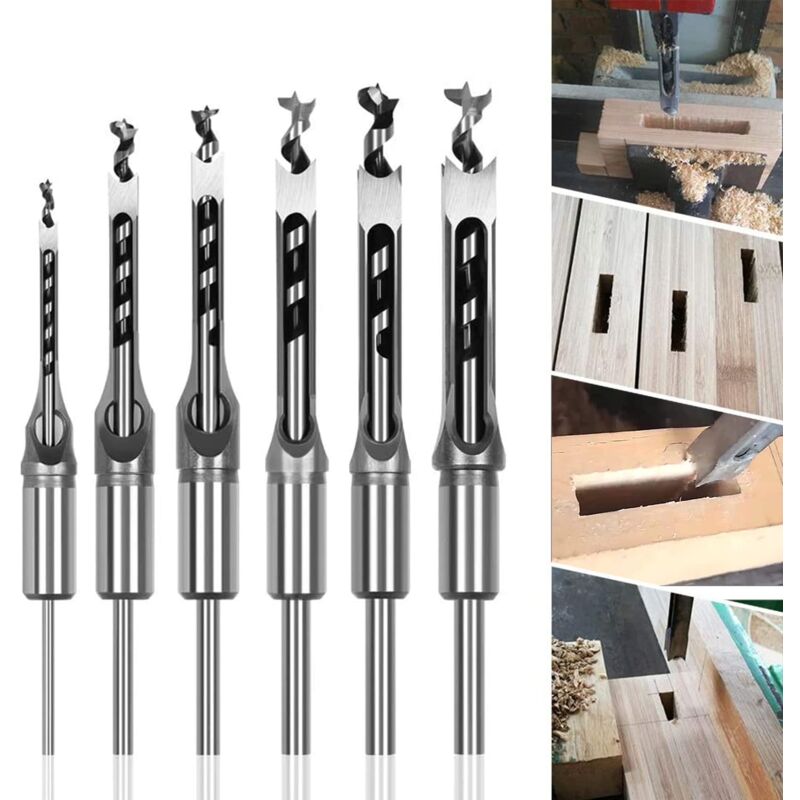foto del prodotto ej.life 6 pezzi punte da trapano per legno, scalpelli cavi a foro quadrato, set di utensili per lavorazione del legno in acciaio, punte da trapano