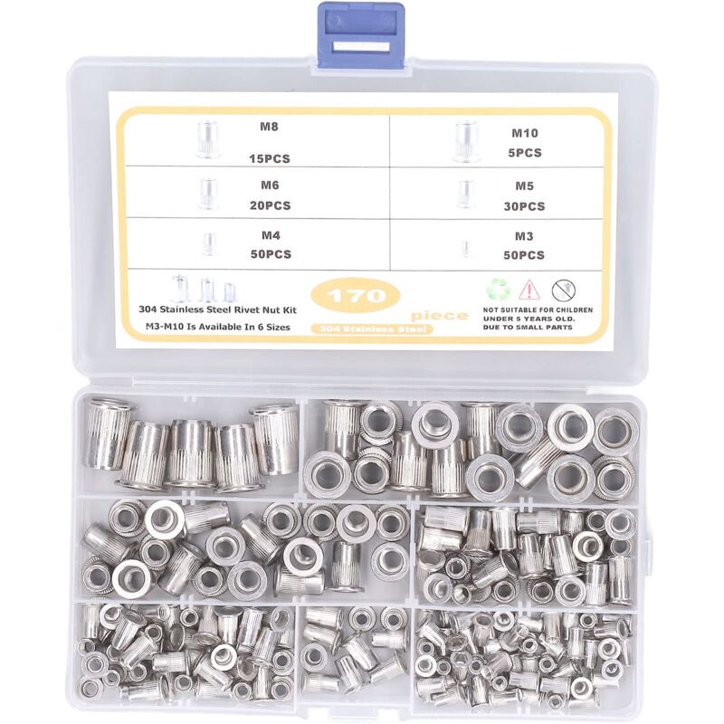 foto del prodotto ej.life fafeicy 170 pezzi assortimento di dadi per rivetti m3 m4 m5 m6 m7 m8 in acciaio inossidabile dadi per rivetti a testa piatta dadi per
