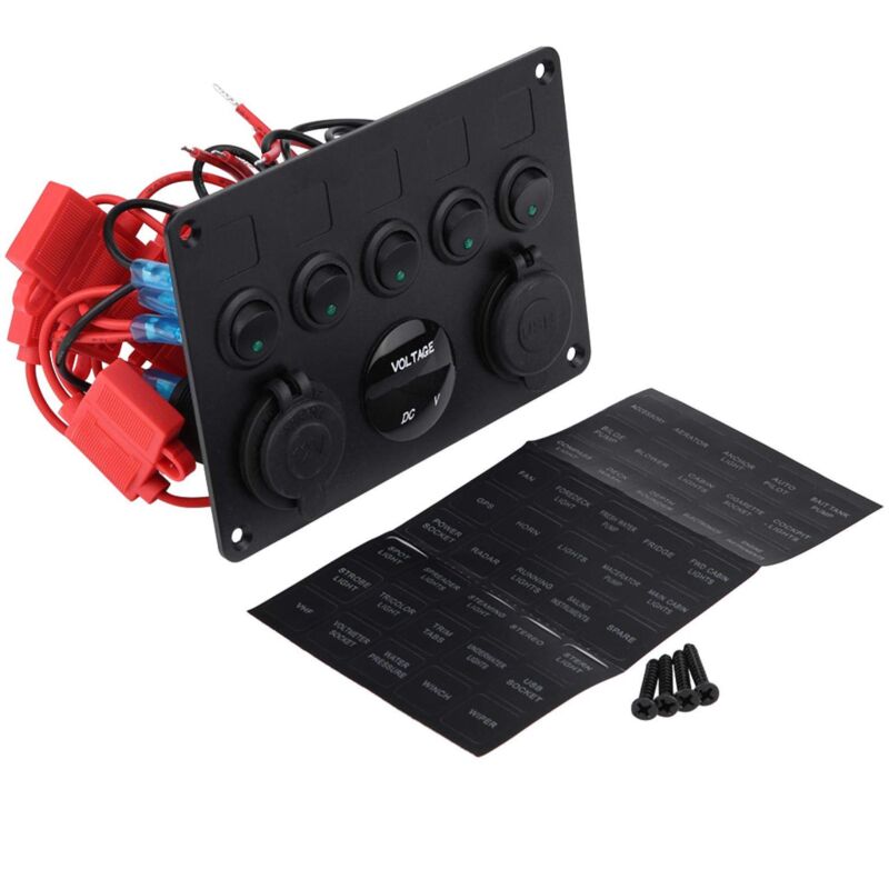 foto del prodotto ej.life interruttore a levetta, pannello interruttori a levetta on off a 5 bande da 12 24 v con doppio voltmetro usb per auto, barca, camion marino