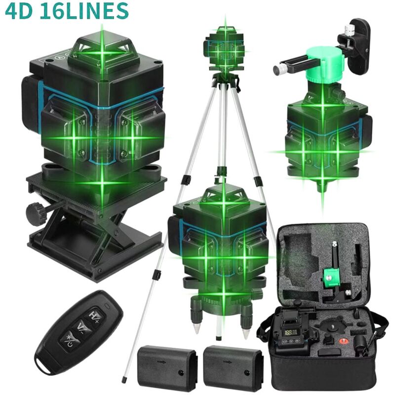 foto del prodotto ej.life livella laser a 16 linee ip54, livella a bolla, 2 batterie, con treppiede telescopico per la posa di piastrelle, kit laser a croce verde