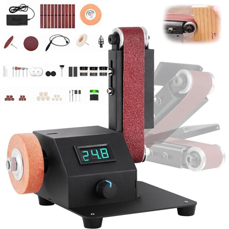 foto del prodotto ej.life mini levigatrice a nastro levigatrice elettrica da 350 w, smerigliatrice da banco a nastro da 1,2 x 15 pollici, dotata di 10 nastri