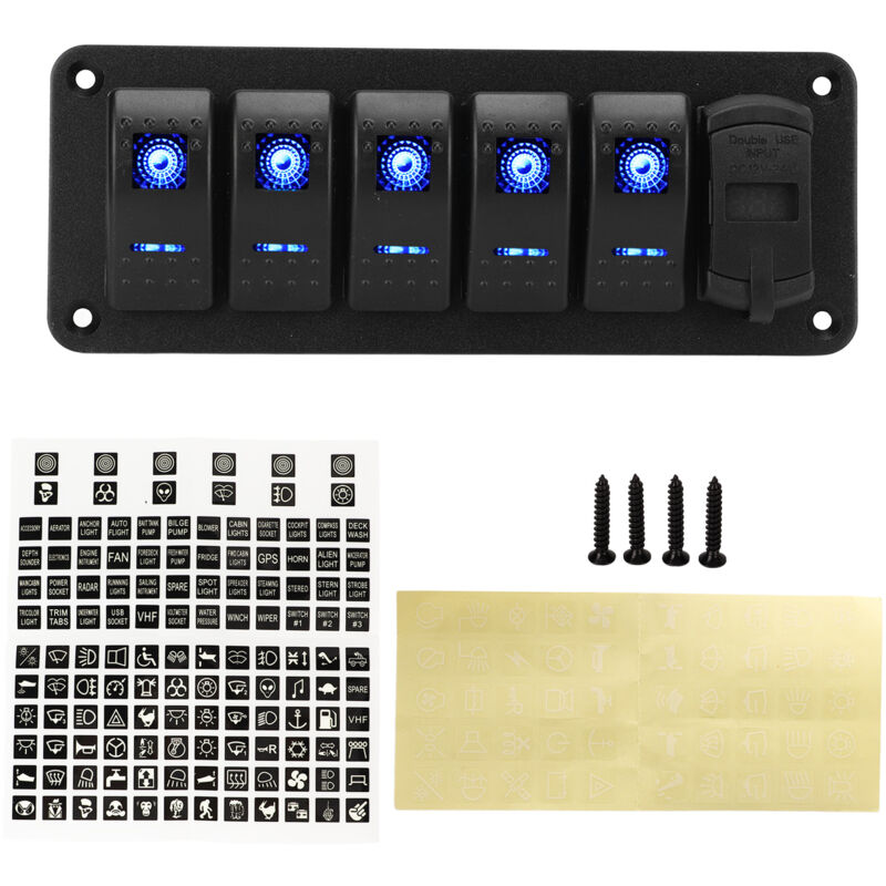 foto del prodotto ej.life pannello interruttori a bilanciere a 5 canali, 12v 24v, doppio caricatore usb, display a led per la visualizzazione della tensione,