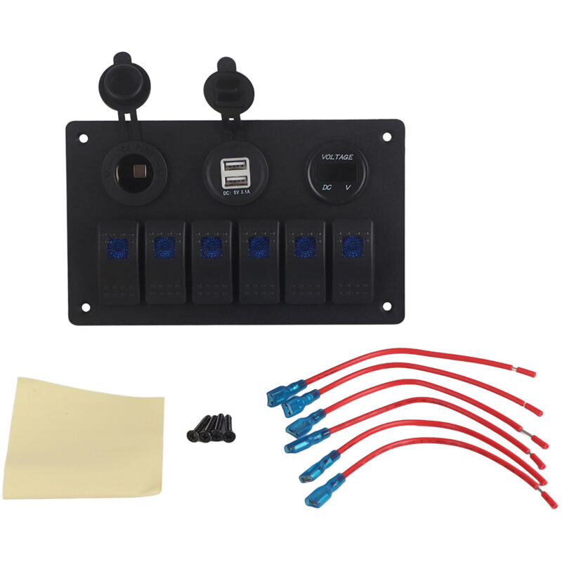 foto del prodotto ej.life pannello interruttori a bilanciere a led per auto e barca, 12v 24v, 6 bande, doppio usb, voltmetro, accendisigari, blu