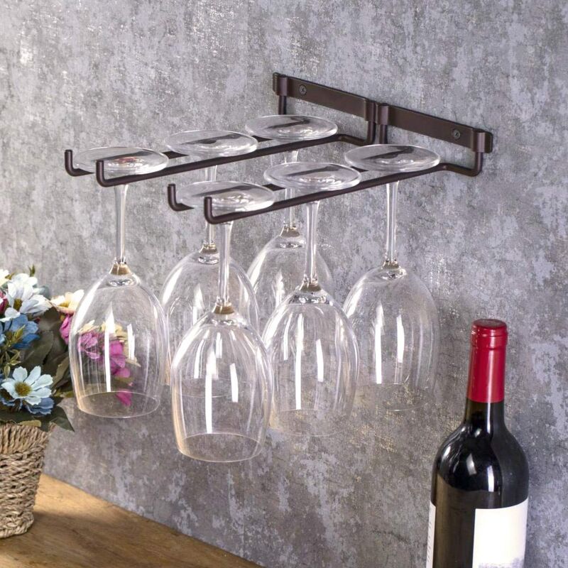 foto del prodotto ej.life portabicchieri da vino, portabicchieri da vino sottopensile, portabicchieri da vino, appendino per bicchieri, doppia fila, colore bronzo,