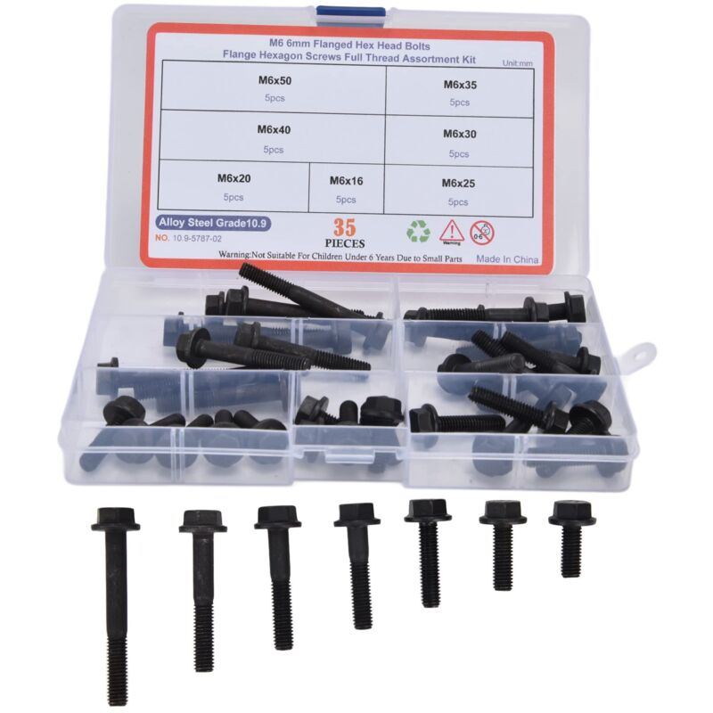 foto del prodotto ej.life set di 35 viti flangiate m6, viti esagonali in acciaio al carbonio di livello 10.9, assortimento di viti flangiate nere per produzione