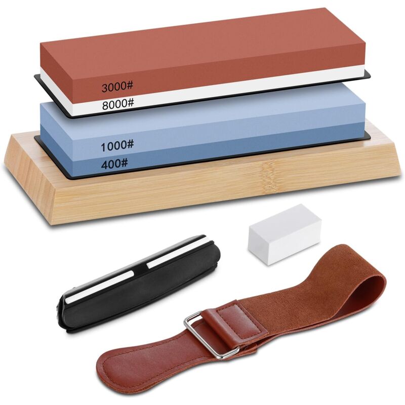 foto del prodotto ej.life set di pietre per affilatura 400 1000 3000 8000, pietra per affilatura professionale a doppia faccia per coltelli, con base in bamb 