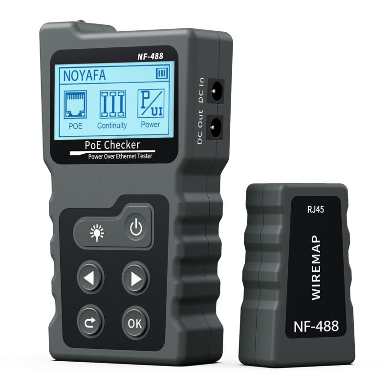 foto del prodotto ej.life tester di tensione e corrente poe con lcd, tester per cavi con funzione poe, tester per cavi di rete, tester di rete portatile per il