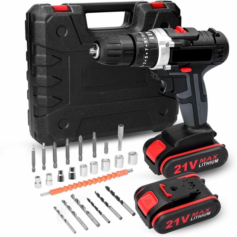 foto del prodotto ej.life trapano avvitatore a batteria da 21 v, cacciavite con 2 batterie, potenza di percussione di 30 nm, 25 3 impostazioni di coppia, accessori,
