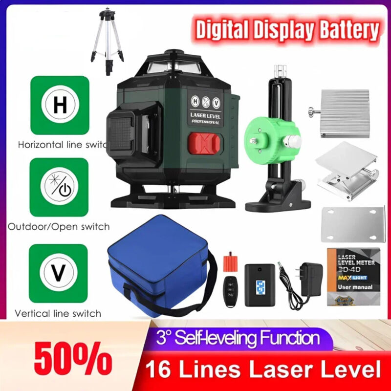 foto del prodotto ej.life x 360 4d 16 linee laser livello laser rotante verde autobilanciante verticale orizzontale autolivellante ip54 2 batterie da 1200 mah, con