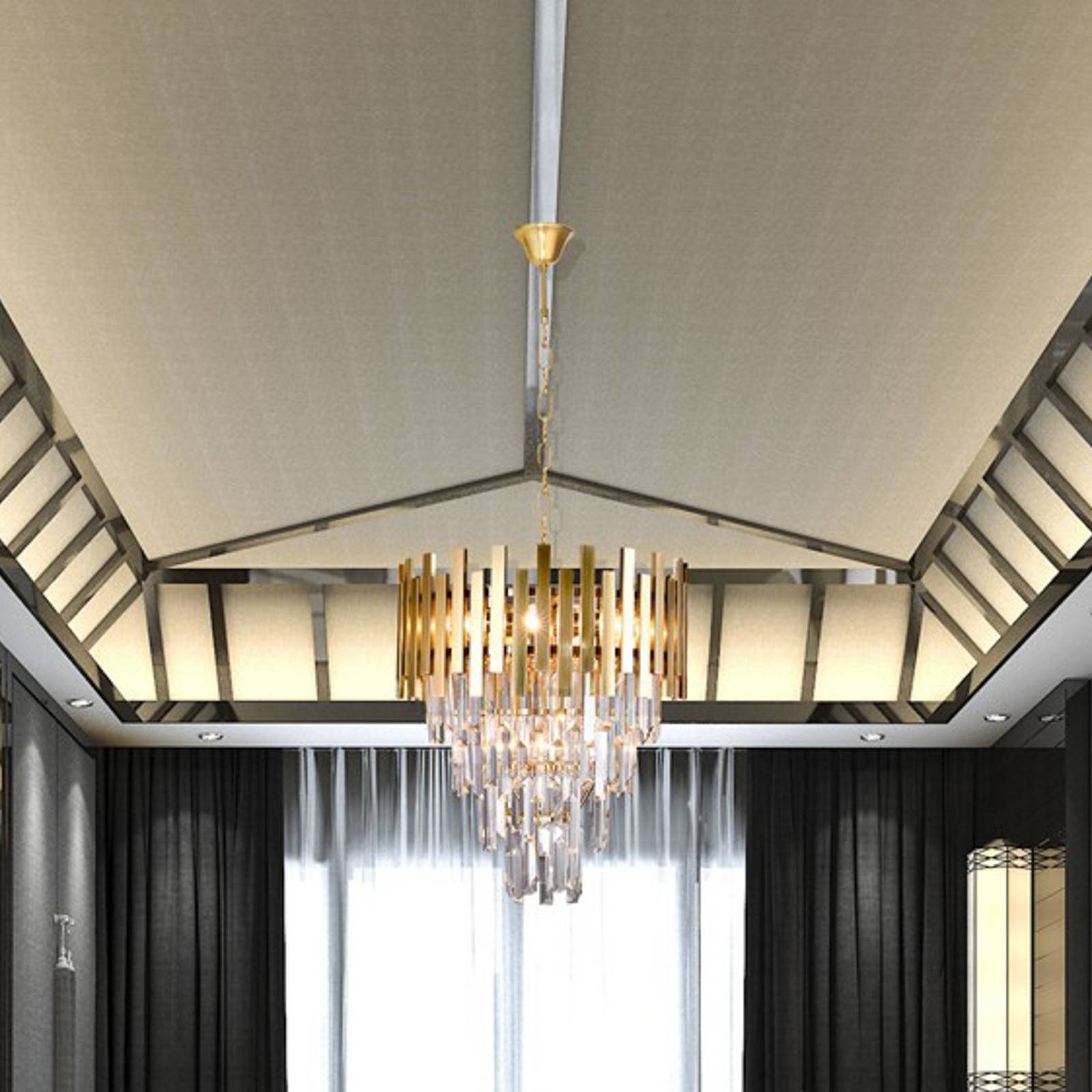 foto del prodotto eko light lampada a sospensione aspen in metallo dorato con cristalli di vetro, altezza
