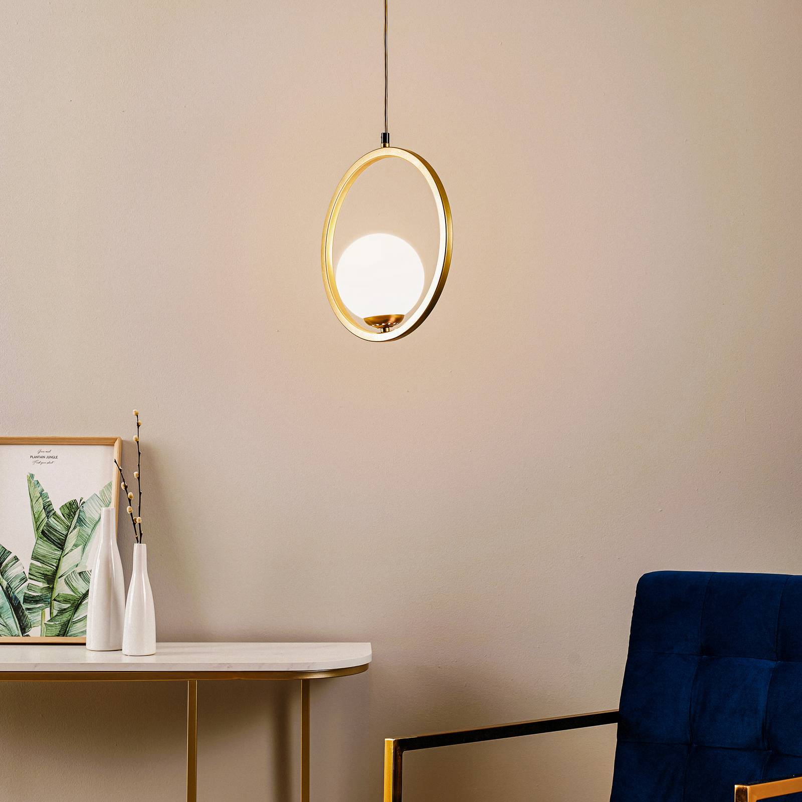 foto del prodotto eko light lampada a sospensione vienna, vetro opalino, ottone, a 1 luce