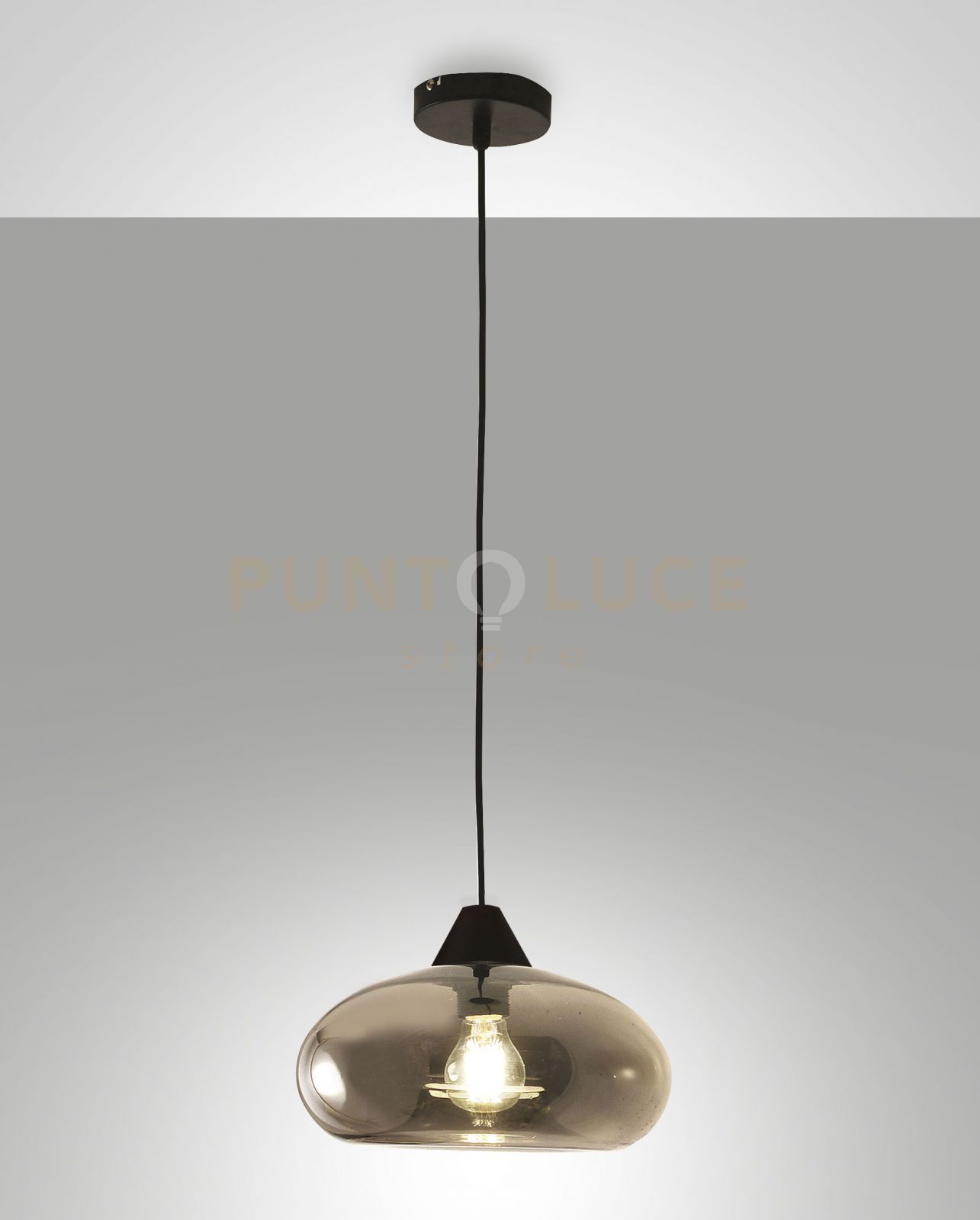 foto del prodotto ela sospensione fume' 1 luce in vetro struttura in metallo attacco e27 altezza regolabile