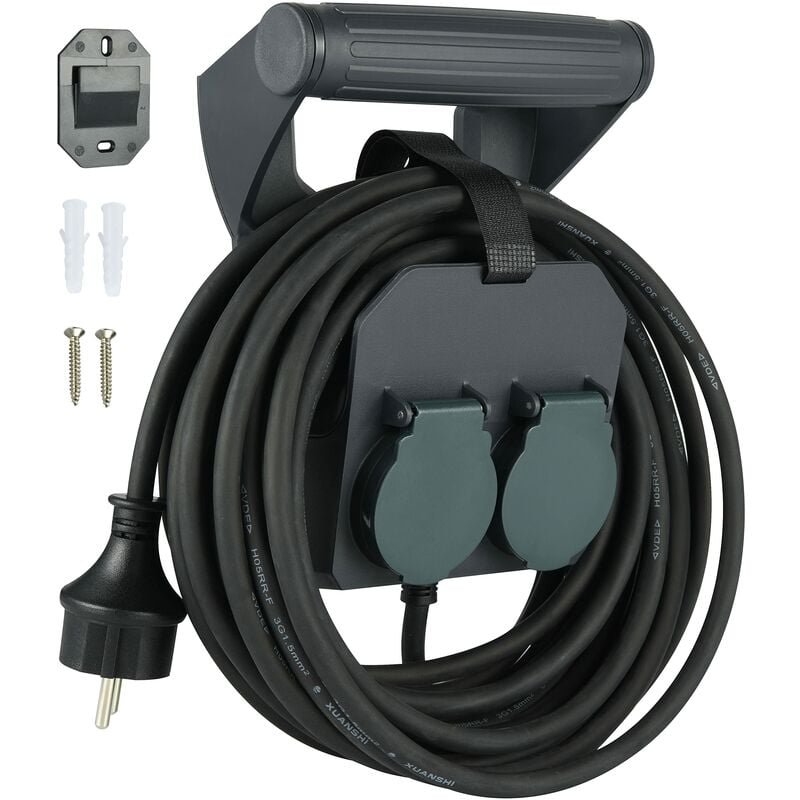 foto del prodotto electraline 01676 prolunga elttrica professionale 10m, ip44, 2 prese schuko con tappi a chiusura automatica, maniglia ergonomica con avvolgi