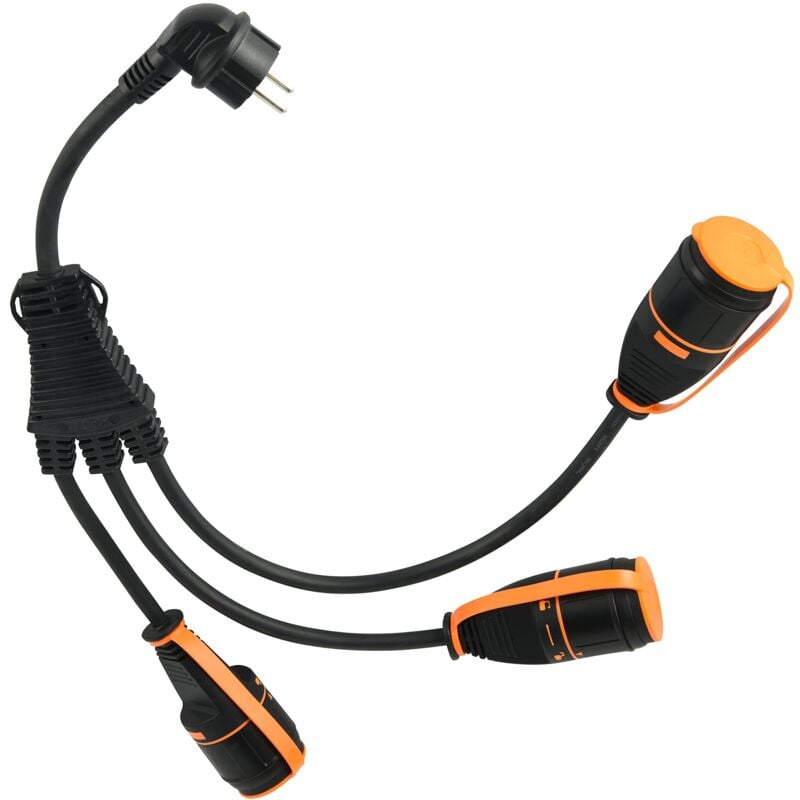 foto del prodotto electraline 01746 splitter 3 prese schuko con electralock dotate di meccanismo di blocco che impedisce disconnessioni accidentali, ip44, cavo