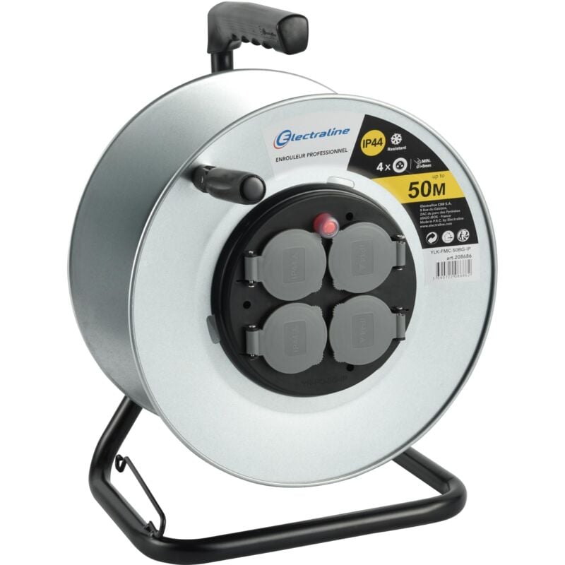 foto del prodotto electraline 208686 avvolgitore elettrico cordless professionale da cantiere in metallo 4 prese stagne ip44 da cablare con guida per il cavo e