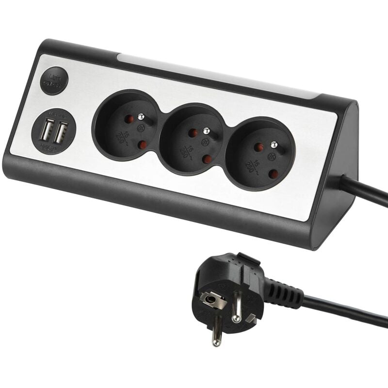 foto del prodotto electraline 35430, blocco multipresa angolare, 3 prese, 2 porte usb interruttore on off per spegnere accendere il led, cavo 1,5 m, grigio nero