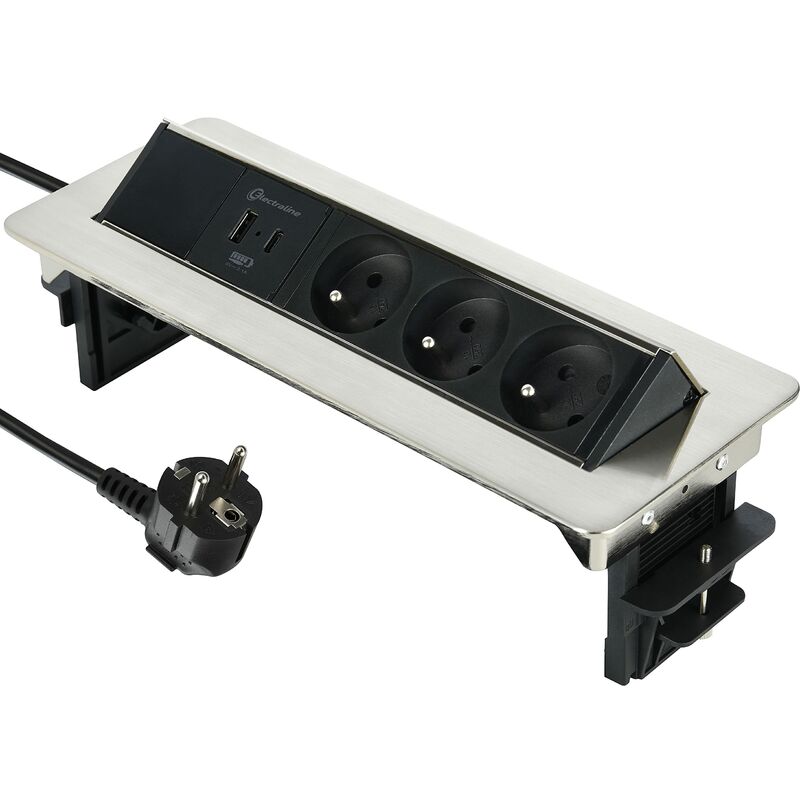 foto del prodotto electraline 35445 blocco multipresa retrattile, piano di lavoro con 3 16 a, standard francese 2 3,1 a 1 usb tipo c 15,5 w, presa da incasso