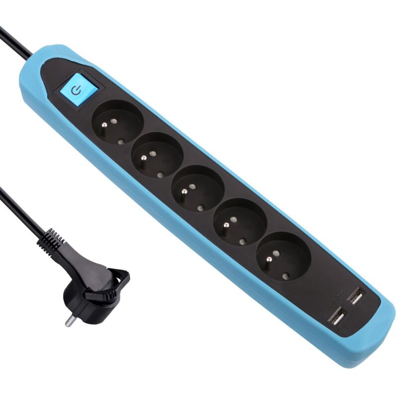 foto del prodotto electraline 35617 multipresa con 5 prese e 2 usb cover in silicone protezione contro impatto, blu, 2 m