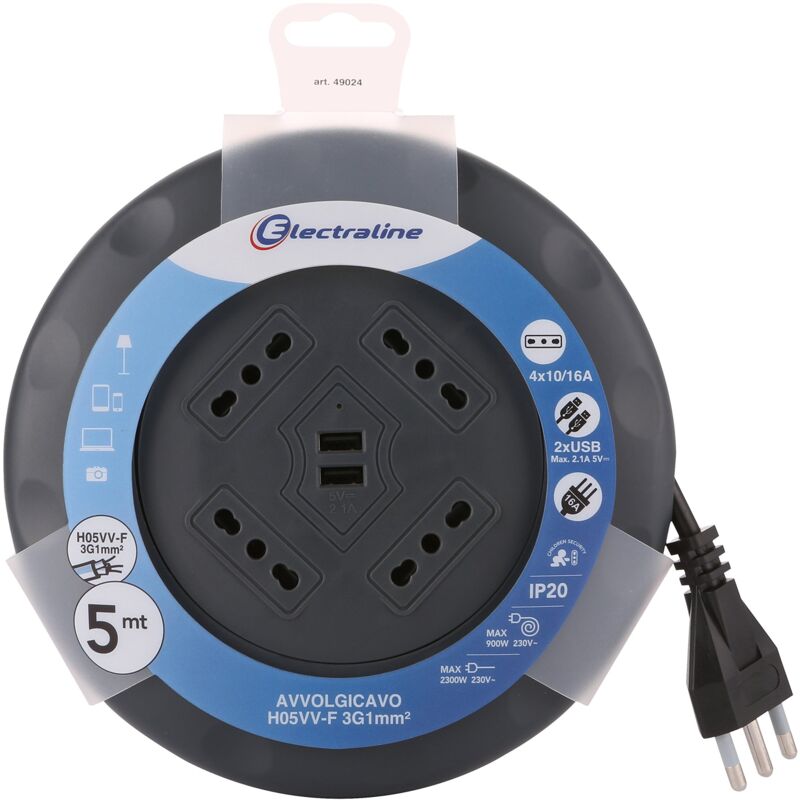 foto del prodotto electraline 49024 prolunga con avvolgicavo ufo design super slim 5 mt, 4 bivalenti 10 16a , spina 16a, con 2 prese usb sezione 3g1 mm , nero, 5 m