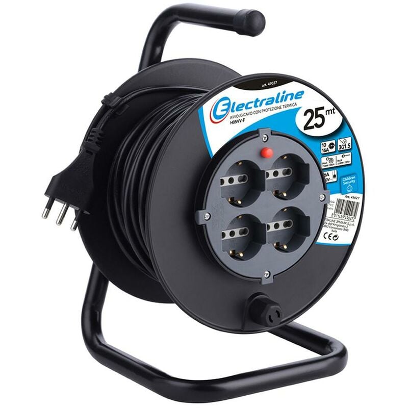 foto del prodotto electraline 49027 prolunga elettrica con avvolgicavo 25 mt 4 prese polivalenti schuko 10 16a spina grande 16a, con protezione, nero sezione