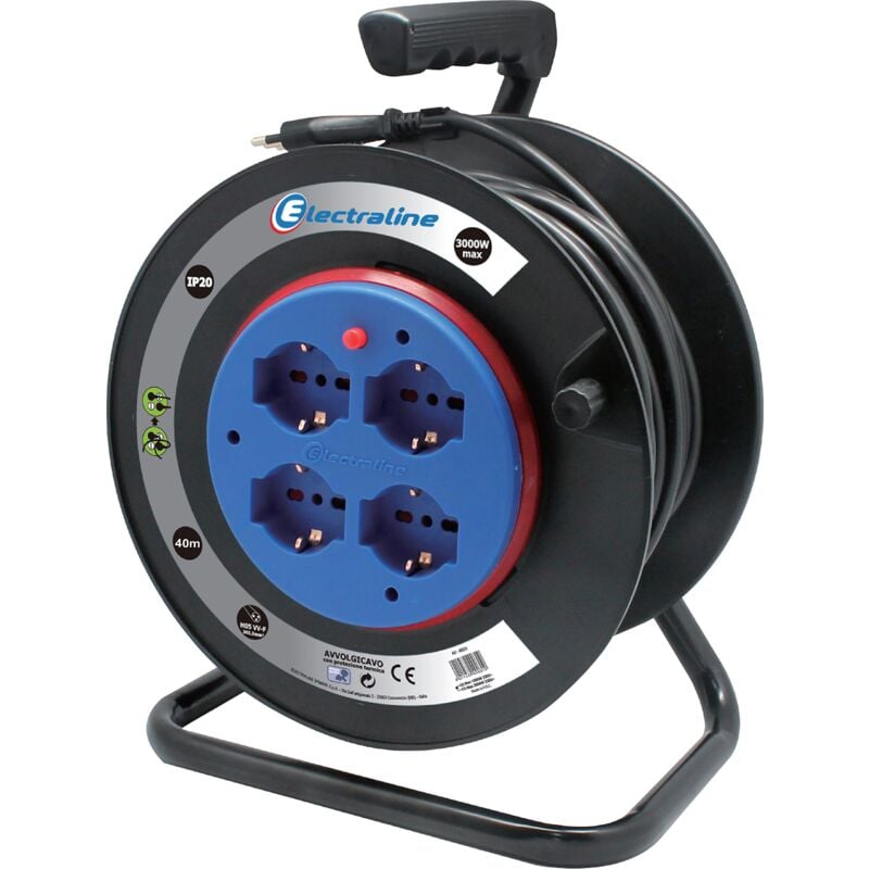 foto del prodotto electraline 49032 prolunga elettrica con avvolgicavo a tamburo fisso 40 mt 4 prese polivalenti schuko 10 16a spina grande 16a, con