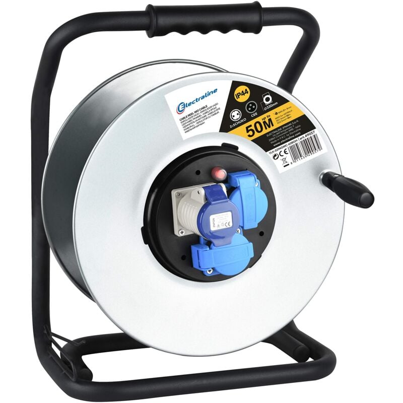 foto del prodotto electraline 49057 avvolgicavo, avvolgi prolunghe senza cavo in metallo antiruggine per uso professionale, con 2 prese schuko 1 industriale iec.