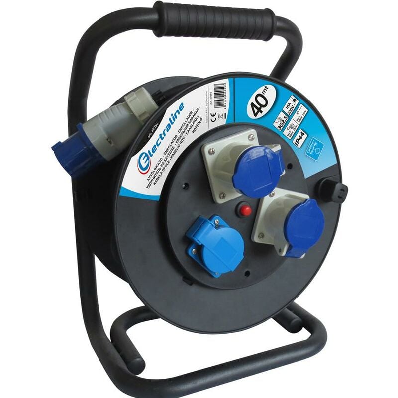 foto del prodotto electraline 49059 prolunga in gomma 3g2.5 mm con avvolgicavo, 2 prese industriali iec e 1 schuko spina a 3 poli adatto per camper, campeggio,