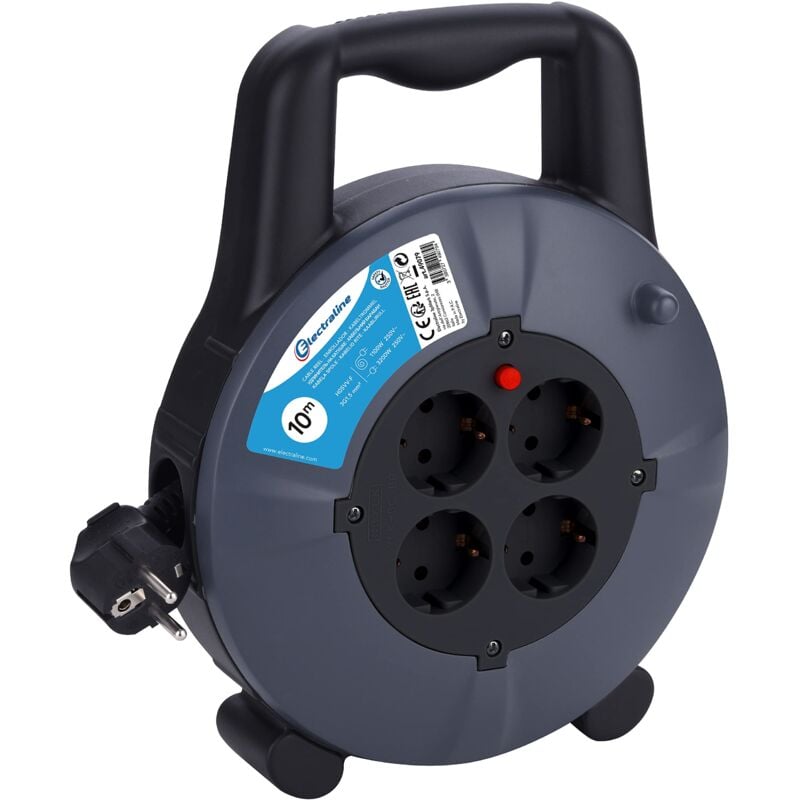 foto del prodotto electraline 49079 avvolgicavo h05vv f 3g1,5 10 m ip20 per interno interno con 4 prese schuko cavo con cavo di prolunga avvolgitubo con manovella,